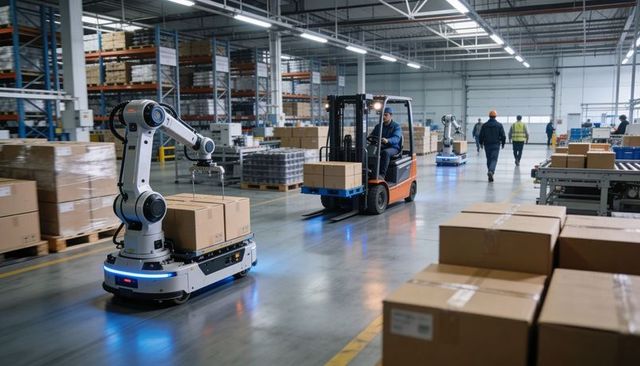 Autonomous robotic arm transporting cardboard boxes through modern warehouse logistics hub