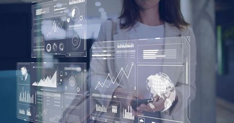Businesswoman Interacting With Futuristic Virtual Data Panels