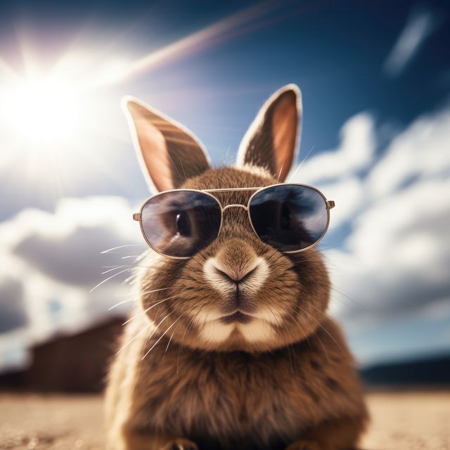 Cute bunny rabbit wearing stylish sunglasses with bright sunlight and clear sky. Perfect for children's books, social media content, or playful and humorous marketing campaigns. Adds a fun and light-hearted touch to animal and nature-themed projects.