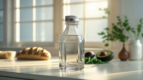Glass bottle of corn syrup on kitchen counter surrounded by fresh ingredients