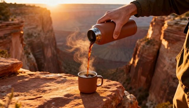 Pouring steaming coffee from thermos into mug on canyon rim at golden hour sunrise