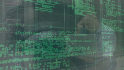 IT Technician Working Amidst Data Processing Overlay