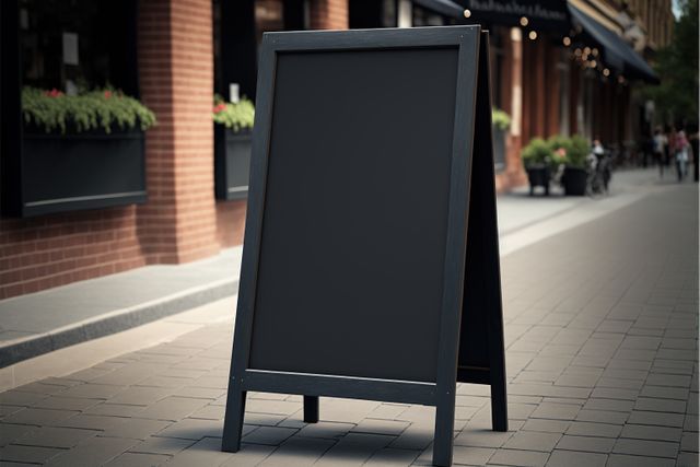 Black chalkboard outside store with copy space and plants, created using generative ai technology. Shopping and retail concept, digitally generated image.