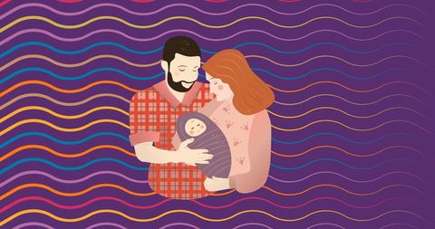 Illustration of loving family embracing new baby with colorful background