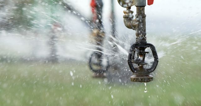 A burst water pipe sprays water outdoors. The forceful water leak suggests urgent maintenance is needed.