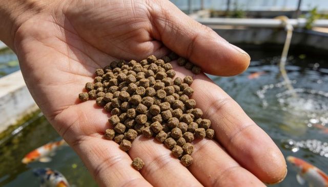 Hand holding brown fish pellets over koi pond with aerator bubbles and colorful koi
