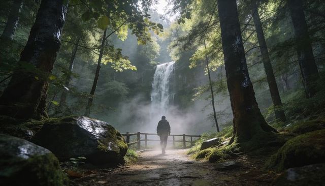 Solitary hiker pausing at railing facing misty waterfall on lush forest trail