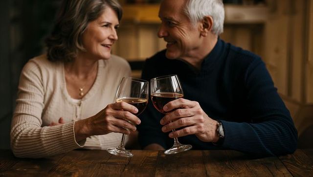 Senior couple toasting red wine glasses at cozy wooden table, warm romantic evening