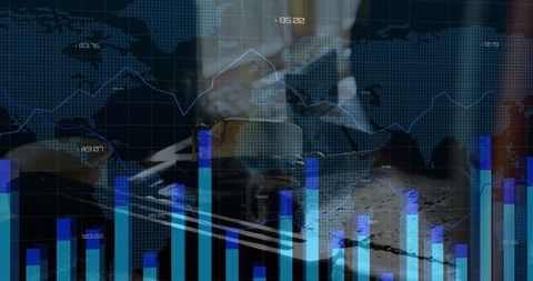 Business analyst calculating financial data with global market charts overlay for fintech