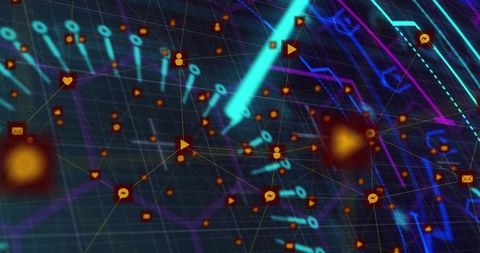 Neon data network visualizing pulsing node clusters and dynamic digital connections