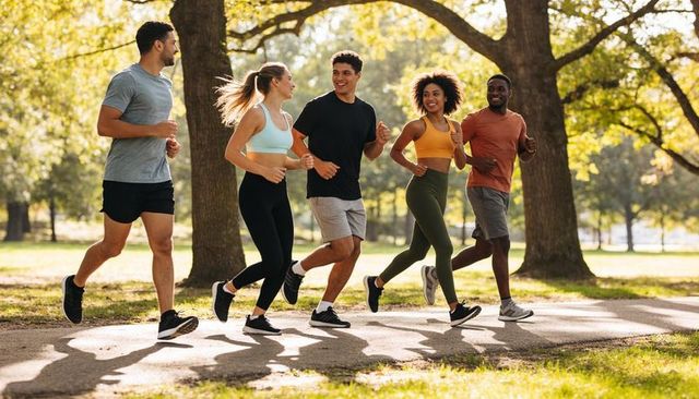 Sunlit park group running: diverse friends jogging together for fitness and wellbeing