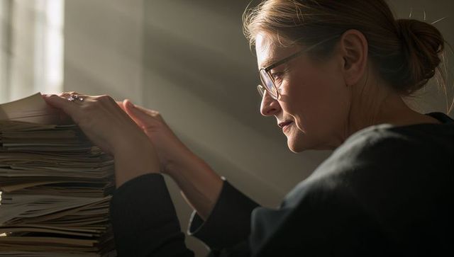 Middle-aged woman steadying stack of manila files by sunlit window, wearing glasses