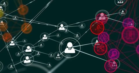 Central avatar sending signal activating neon network nodes and pulsing dataflow
