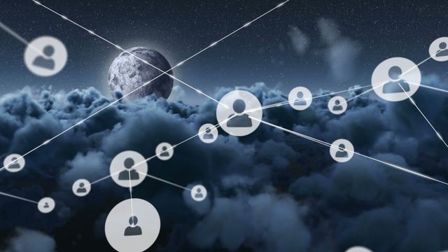 Illustrates digital connections symbolized by network icons against a backdrop of a cloudy sky and moon. Conveys concepts of global networking, digital communication, and technology. Ideal for use in technology presentations, global connectivity themes, or illustrations of cloud computing.