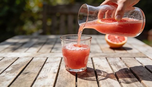 Hand pouring pink grapefruit juice from glass carafe into tumbler on rustic table