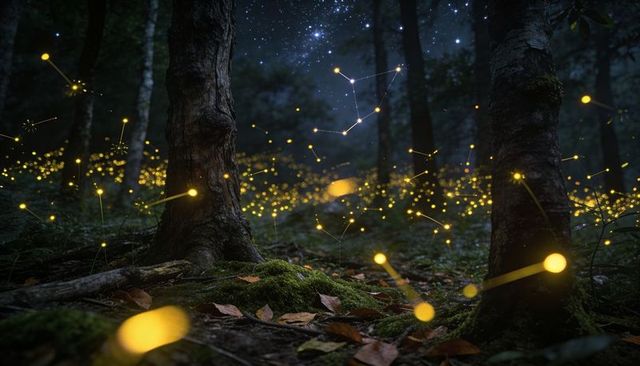 Glowing orbs weaving through moonlit forest floor with starlit lines and mossy trunks