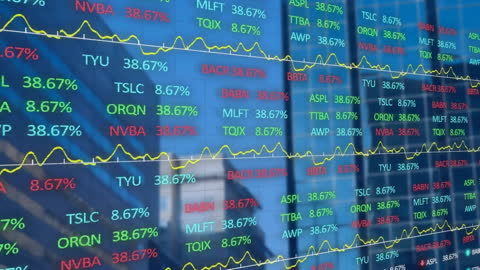 Global Financial Data Overlaid on Urban Skyline