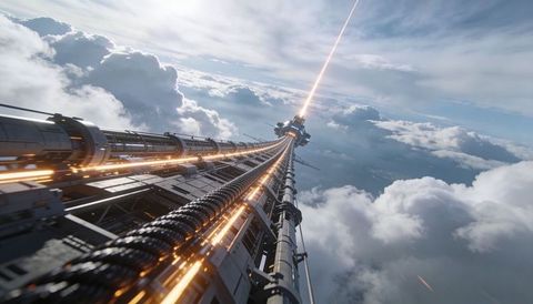 Futuristic space elevator shaft stretching through clouds with glowing braided conduits