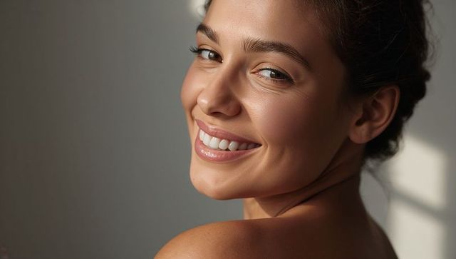 Sunlit smiling woman turning head over shoulder showing glowing skin and warm smile