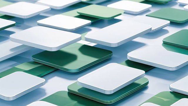 Layered green and white panels forming futuristic grid