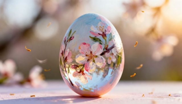 Glossy hand-painted easter egg featuring cherry blossom floral design in golden hour light