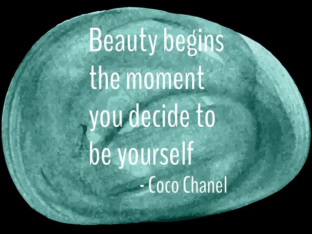 A beautifully designed illustration featuring an inspirational quote from Coco Chanel about beauty and self-acceptance. Perfect for promoting messages of confidence and self-love. This would be great for social media posts, motivational wall art, greeting cards, or personal development blogs and articles.