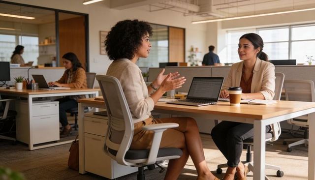 Two professional women collaborating at open-plan office desk with laptops and coffee cup