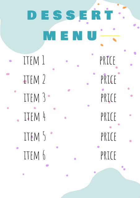 This colorful dessert menu template featuring playful polka dots is perfect for various businesses such as restaurants, cafes, and bakeries looking to showcase their dessert offerings in a lively yet organized manner. The design incorporates a fun, light-hearted theme while allowing ample space for detailing menu items and corresponding prices. It can be easily customized to suit different dessert options and business branding styles.