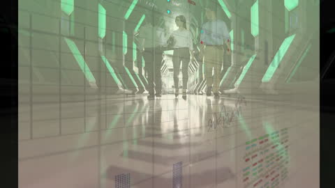 Holographic Infographic Animation with Business Team in Corridor