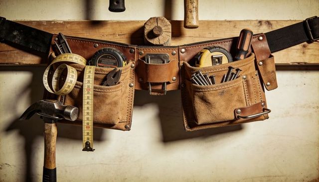 Worn leather tool belt with hammer, tape measures, pliers and nails hanging on wall