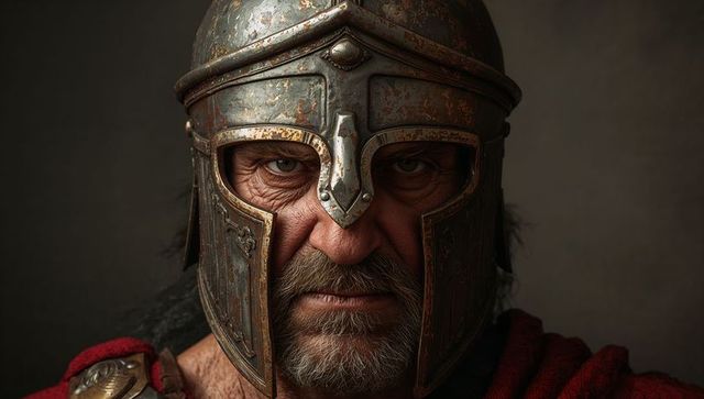 Stoic Senior Warrior Staring Through Weathered T-Visor Helmet Wearing Red Cloak and Brooch