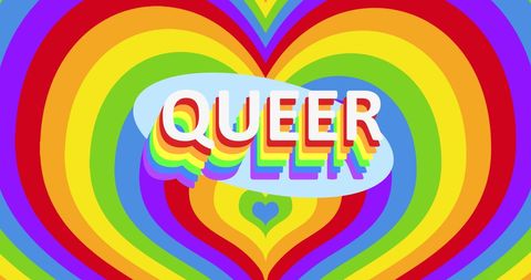 Vibrant LGBTQ Pride Concept with Queer Text and Rainbow Hearts