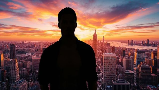 Silhouetted man watching vibrant sunset over new york city skyline from rooftop at dusk