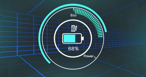 Futuristic hud holographic battery interface 68% with eco power rings neon grid corridor