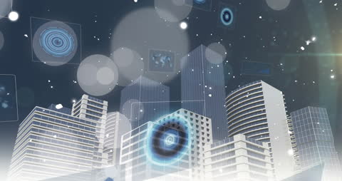 Futuristic City with Data Interfaces and Security Icons