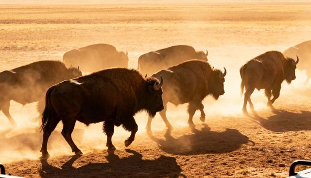 Backlit american bison herd moving through dust on golden plains at sunset, long shadows