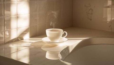 Steaming porcelain teacup catching warm morning sunlight on glossy marble countertop