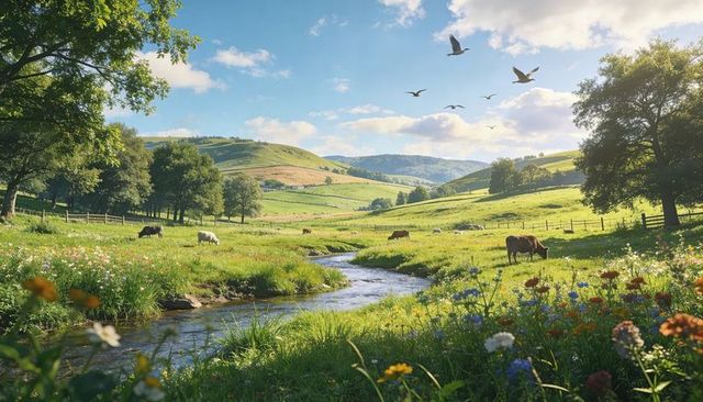 Flowing stream through sunlit rolling hills with grazing cattle and colorful wildflowers