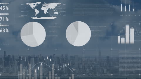 Infographic Animation Over Cityscape Illustrating Data Analysis