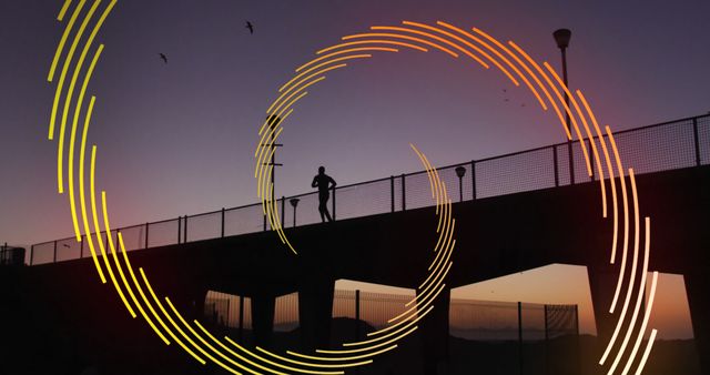 Image of orange line spiral rotating over man running on bridge at sunset in city. sport, and fitness concept, digitally generated image.