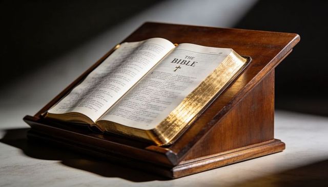 Open bible on wooden lectern with gilded edges and cross, dramatic chapel lighting