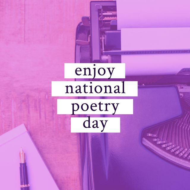 Inspirational image promoting literature with text 'Enjoy National Poetry Day' on a vintage typewriter in purple tones. Perfect for social media posts, literary organizations, event invitations, or educational programs encouraging poetic creativity.