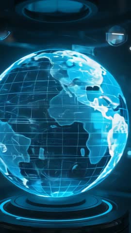 Rotating holographic globe projecting data panels above futuristic platform