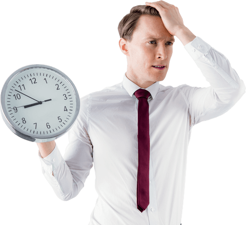 Transparent businessman holding clock anxiously worried about deadline