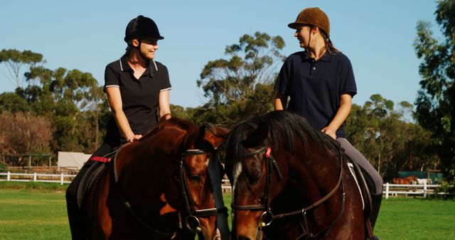 A middle-aged couple enjoys a horseback ride and chat in the outdoors. - Download Free Stock Photos Pikwizard.com