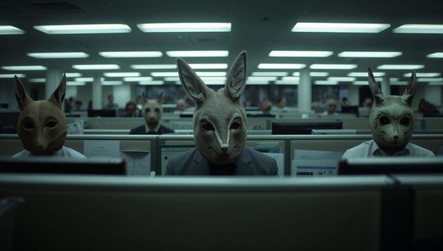 Office workers in animal masks reflecting anonymity and surrealism