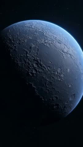 Rotating cratered planet emerging from darkness revealing ridged terrain vertical video