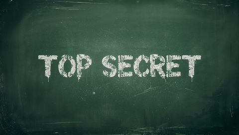 Top secret chalkboard showing weathered white stamped text on green blackboard, distressed grunge