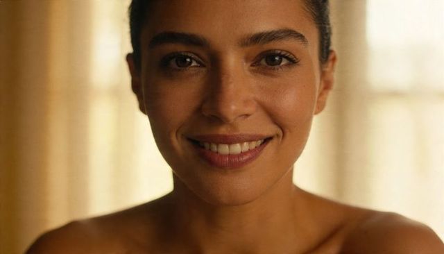 Glowing backlit closeup of smiling woman with bare shoulders and warm window light halo