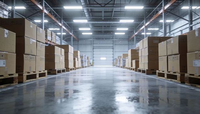 Industrial warehouse aisle with stacked cardboard pallets and reflective concrete floor